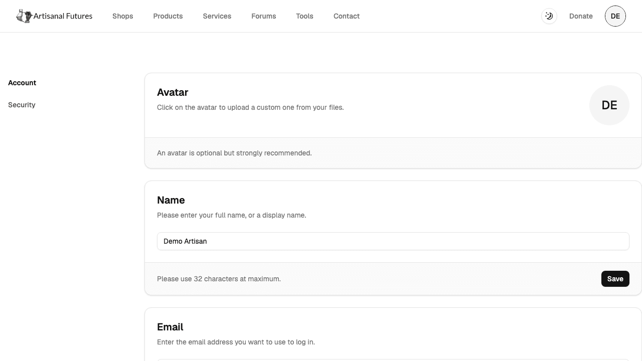 Account settings page with Account and Security tabs
