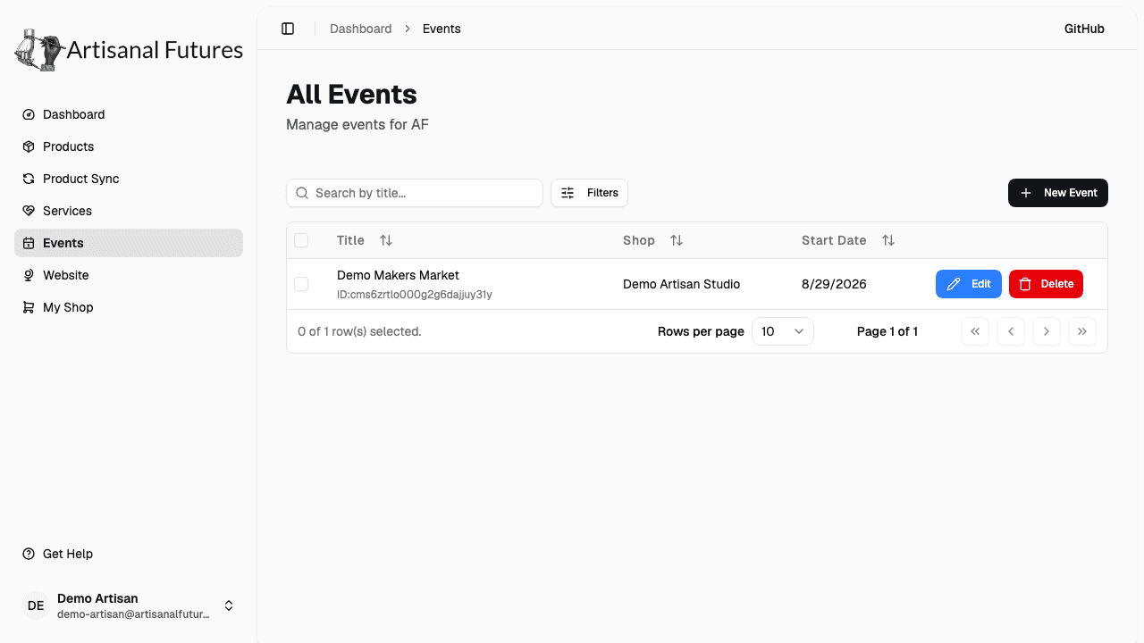 Events list showing upcoming events for a shop
