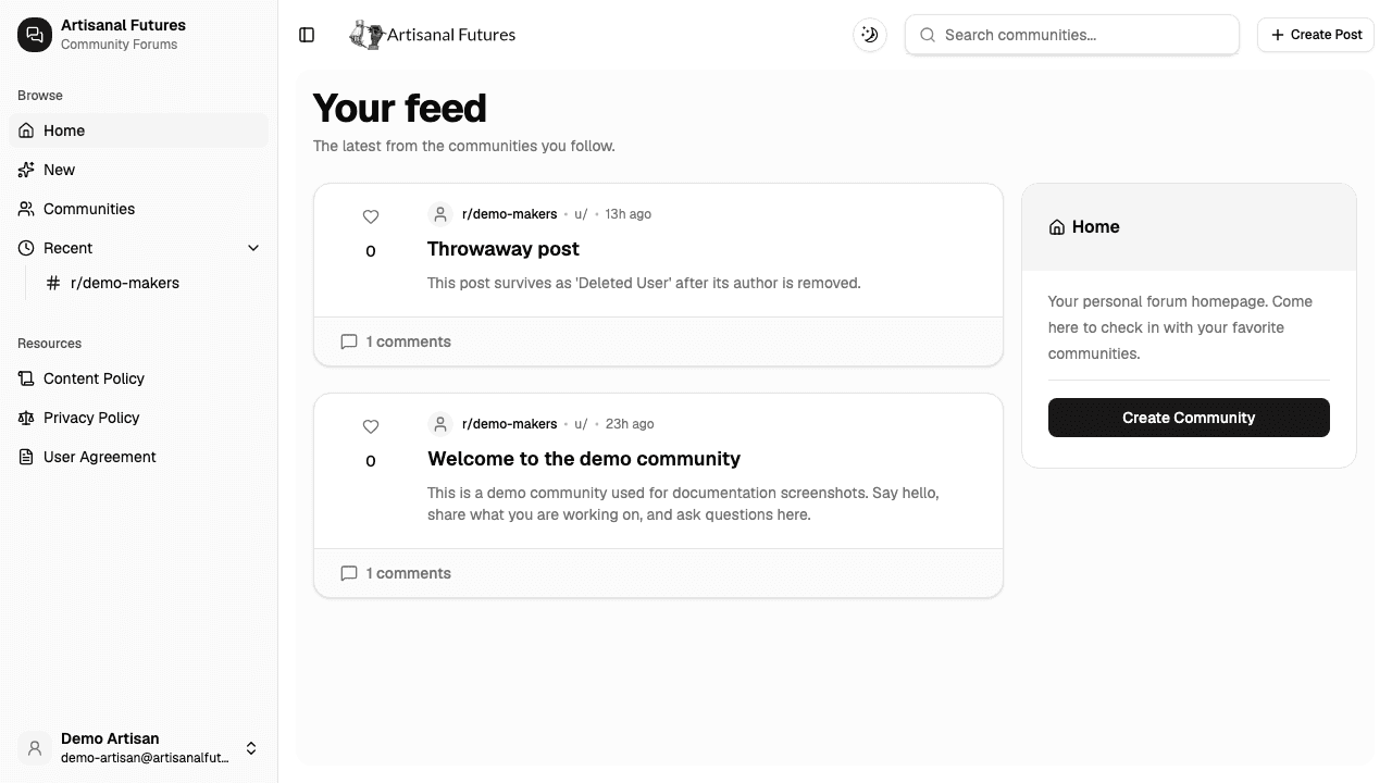 Forums homepage showing your feed and communities