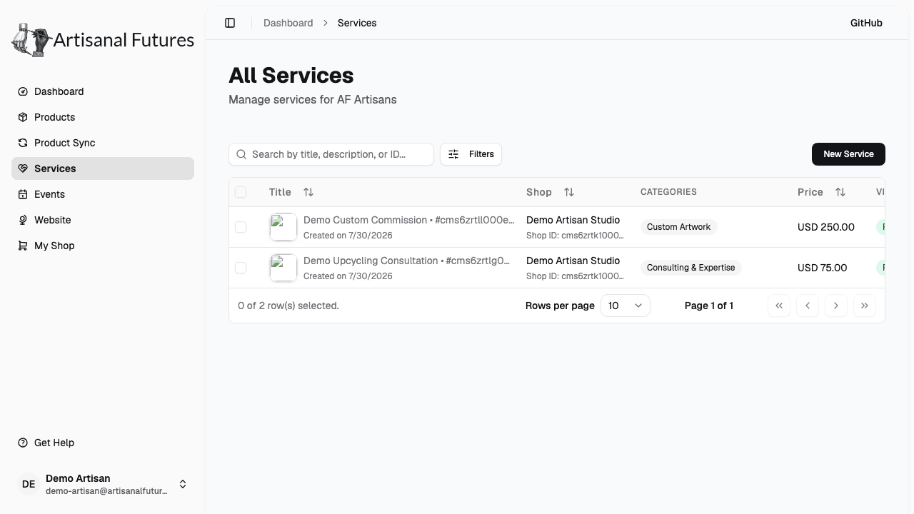Services list showing service names, prices, and public/hidden status