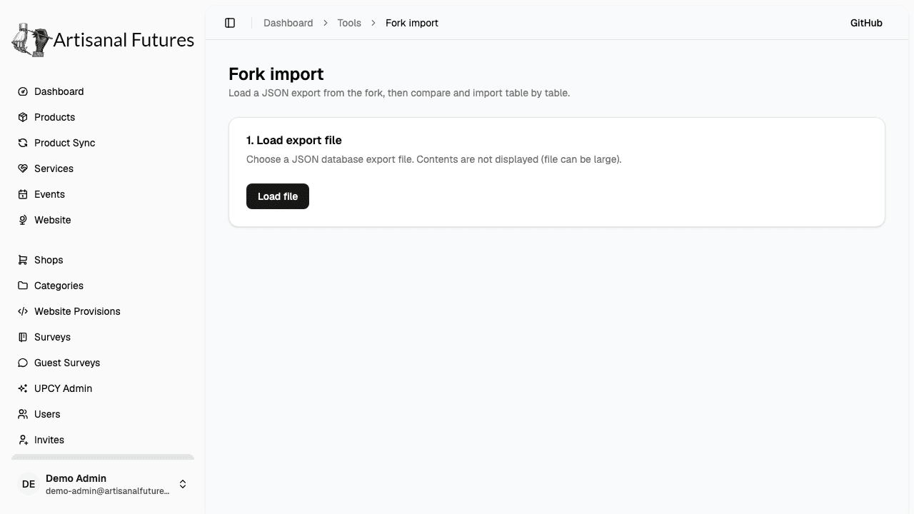 Fork import tool at step 1, "Load export file", with the Load file button