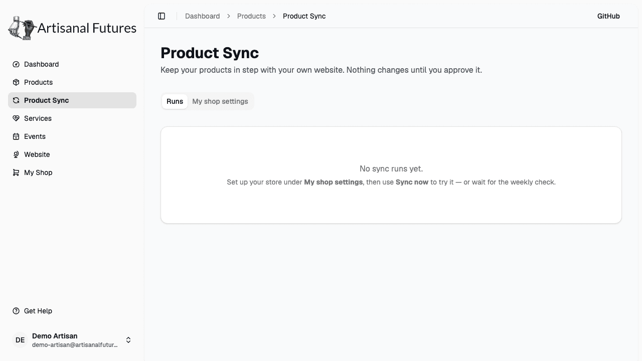 Product Sync runs list, with per-shop sync settings and a pending-review badge
